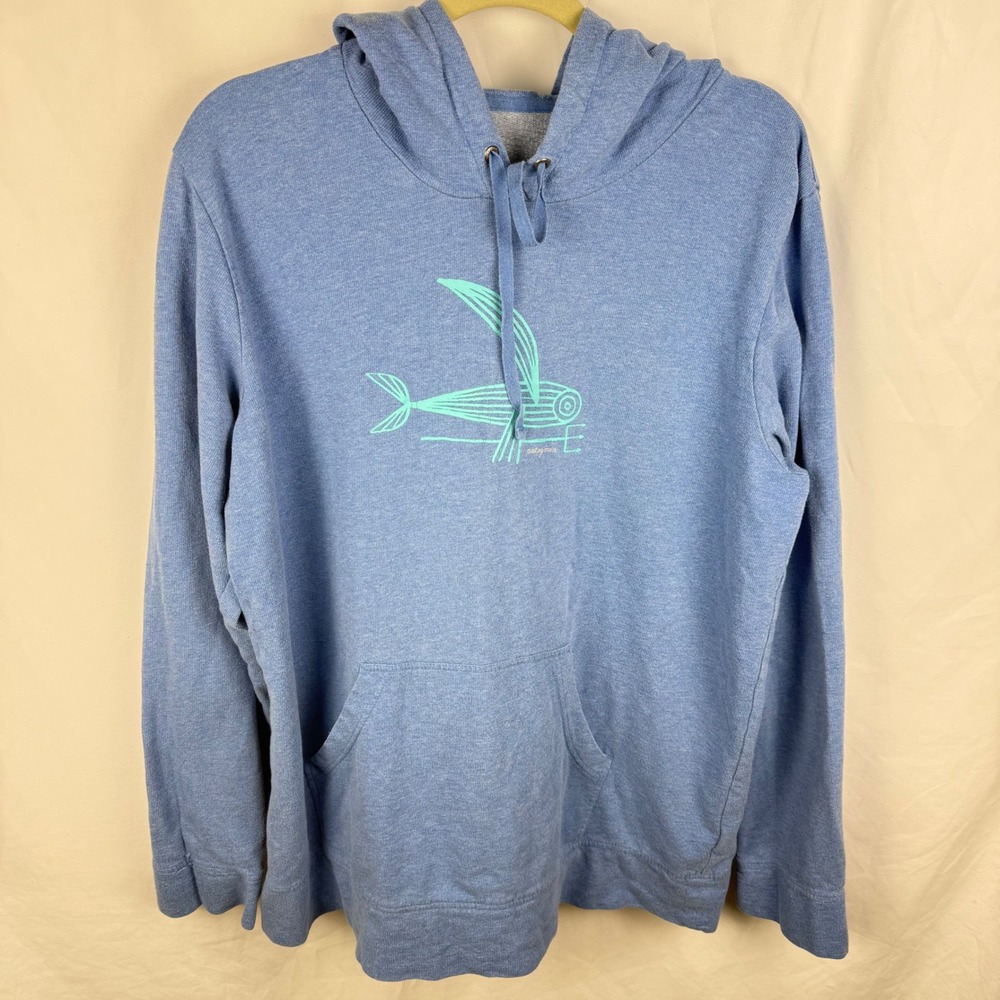 Patagonia Men's Blue Flying Fish Hoodie XL Kangaroo Pocket Organic Cotton Light